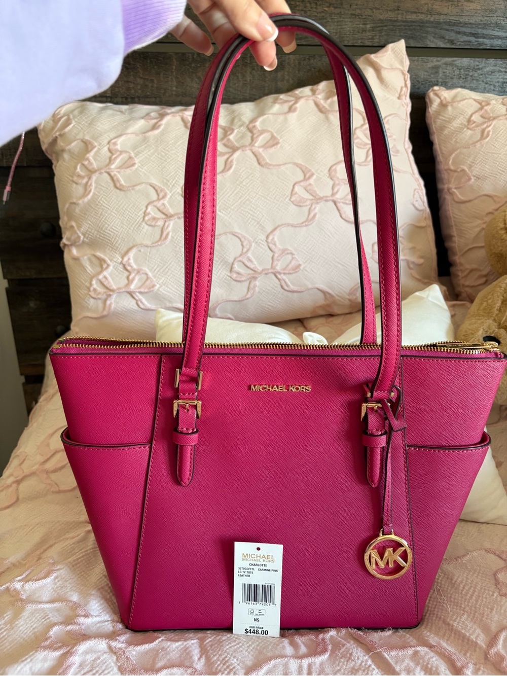 Michael Kors Hot Pink Saffiano Leather Tote with MK Charm